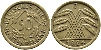 Германия 50 рентенпфеннигов 1924 J KM 34, J. 310 алюминиевая бронза 413-3723
