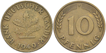 ФРГ 10 пфеннигов 1949 F KM 103, J.378 сталь плакированная латунью 219-1045