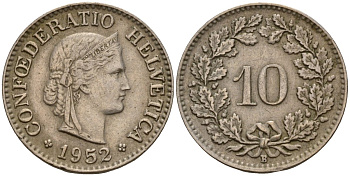 Швейцария 10 раппенов 1952 B KM 27 медно-никель 4189-346