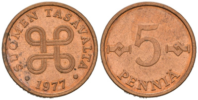 Финляндия 5 пенни 1977 KM 45 медь 99-848