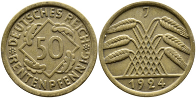 Германия 50 рентенпфеннигов 1924 J KM 34, J. 310 алюминиевая бронза 413-3723
