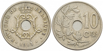 БЕЛЬГИЯ 10 САНТИМОВ 1903 BELGIQUE KM 48 медно-никель 4448-822