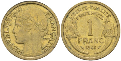 ФРАНЦИЯ 1 ФРАНК 1941 ТИП MORLON KM 885, LE FRANC 219.12 алюминиевая бронза 3853-231