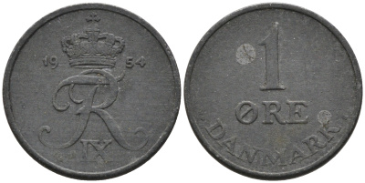 ДАНИЯ 1 ЭРЕ 1954 N; S, ФРЕДЕРИК IX (1947-1972) KM 839.1 цинк 4564-1138