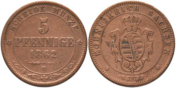 САКСОНИЯ 5 ПФЕННИГОВ 1862 B, ЙОХАНН (1854-1873) KM 1218 медь 117-435