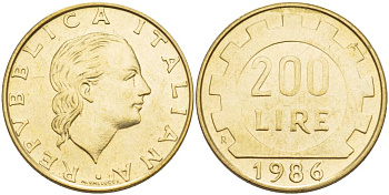 Италия 200 лир 1986 R, шестерня KM 105 алюминиевая бронза 4551-514