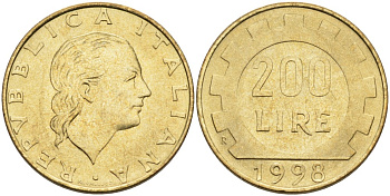 Италия 200 лир 1998 R, шестерня KM 105 алюминиевая бронза UNC 76-633