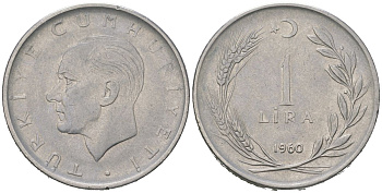 Турция 1 лира 1960 Мустафа Кемаль Ататюрк KM 889a.1 нержавеющая сталь 4584-435
