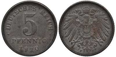 ГЕРМАНИЯ 5 ПФЕННИГОВ 1920 F KM 19, Jager 297, Weege 5 железо 4547-624