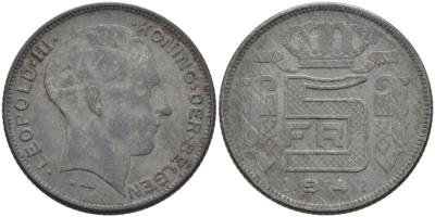 Бельгия 5 франков 1941 Belgen KM 130 цинк 51-1951