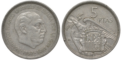 ИСПАНИЯ 5 ПЕСЕТ 1957 (73) ФРАНСИСКО ФРАНКО ДИКТАТОР ИСПАНИИ (1939-1975) KM 786 медно-никель 62-1113