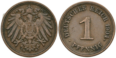 Германия 1 пфенниг 1904 G, Вильгельм II (1888-1918) KM 10, J. 10 медь 4608-234
