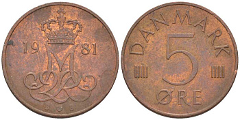 ДАНИЯ 5 ЭРЕ 1981 B; B, МАРГРЕТЕ II (1972-) KM 859.2 железо плакированное медью 4392-742