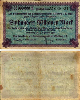 ШТОЛЬБЕРГ 100000000 МАРОК 1923 НОТГЕЛЬД, 1 СЕНТЯБРЯ 1923, ЗЕМЛЯ САКСОНИЯ-АНХАЛЬТ бумага 6318-32-3-2