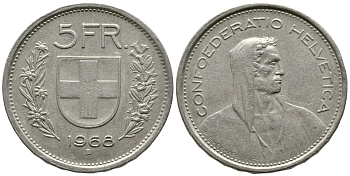 Швейцария 5 франков 1968 В, первый год KM 40а.1 медно-никель 4607-1033