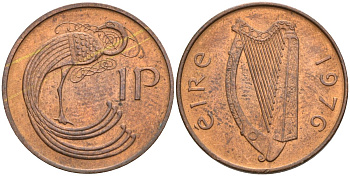 Ирландия 1 пенни 1976 мифологическая птица лира KM 20 бронза 4152-531