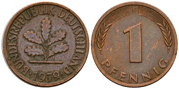 ФРГ 1 пфенниг 1979 F KM 105, J.380 сталь плакированная медью 4602-757