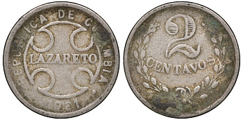 Колумбия 2 сентаво 1921 государственный лепрозорий KM L10 медно-никель 53-1025