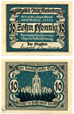 Мариенбург 10 пфеннигов 1920 11 Июля 1920, нотгельд, земля Померания Grabowski 870.1 бумага 2196-7-2-1