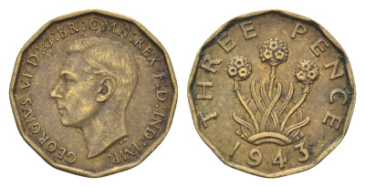 Великобритания 3 пенса 1943 Георг VI (1936-1952) KM 849, Spink 4112 никель латунь 4660-657