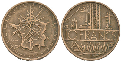 Франция 10 франков 1978 KM 940, Le Franc 365 медь алюминий никель 4582-313
