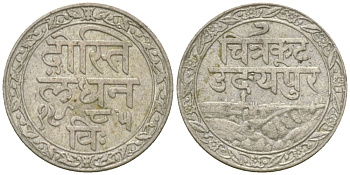 Индия, Мевар 1/16 рупии 1928 год VS 1985, Британский протекторат, FATTEH SINGH (VS 1941-1986) (1884-1929) KM 18 серебро 00-00