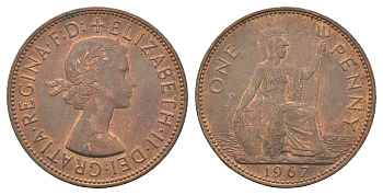 Великобритания 1 пенни 1967 Елизавета II (1952-2022) KM 897, Spink 4157 бронза 4661-1041