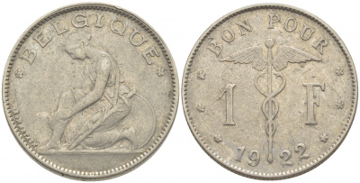 Бельгия 1 франк 1922 Belgique, Альберт I (1910-1934) KM 89 никель 259-934