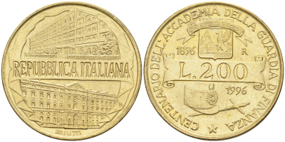 Италия 200 лир 1996 R, 100 лет Академии таможенной службы KM 184 алюминиевая бронза 4126-132