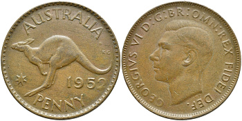 Австралия 1 пенни 1952 m, Георг VI (1937-1952), кенгуру KM 43 бронза 4394-411