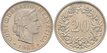 Швейцария 20 раппенов 1962 В KM 29а медно-никель 190-453