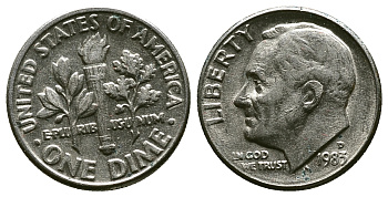 США 10 ЦЕНТОВ = 1 ДАЙМ 1983 D, РУЗВЕЛЬТ KM 195a медь плакированная медно-никелем 4383-1112