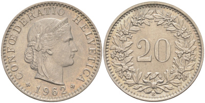 Швейцария 20 раппенов 1962 В KM 29а медно-никель 190-453