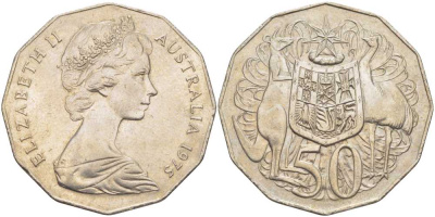 Австралия 50 центов 1975 Елизавета II (1952-2022), герб Австралии, кенгуру KM 68 медно-никель 107-114