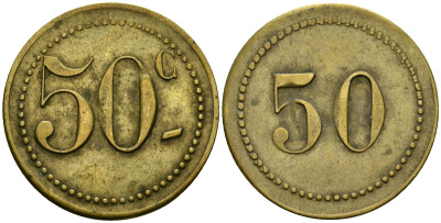Франция 50 сантимов XIX-XX век ресторанный жетон латунь 4166-1226