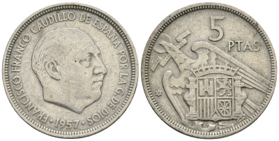 Испания 5 песет 1957 (58) Франсиско Франко (1939-1975) KM 786 медно-никель 85-724