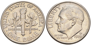 США 10 ЦЕНТОВ = 1 ДАЙМ 1989 D, РУЗВЕЛЬТ KM 195a медь плакированная медно-никелем 187-1062