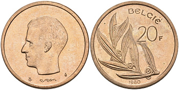 Бельгия 20 франков 1980 Belgie KM 160 никель бронза UNC 189-936