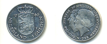 Нидерланды 1 гульден 1980 на коронацию Беатрикс, 30 апреля 1980 KM 200 никель 83-821