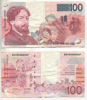 БЕЛЬГИЯ 100 ФРАНКОВ 1995 - 2000 Pick 147 бумага 6299-9-3-2