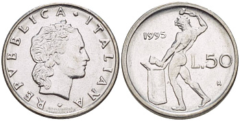 ИТАЛИЯ 50 ЛИР 1995 R, БОГ ОГНЯ ВУЛКАН У НАКОВАЛЬНИ, ДИАМЕТР 17 ММ. KM 95.2 нержавеющая сталь UNC 4551-431