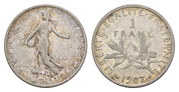 Франция 1 франк 1907 KM 844 серебро 4656-213