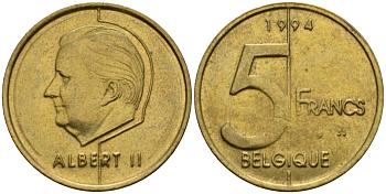 Бельгия 5 франков 1994 Belgique, Альберт II (1994-2013) KM 189 алюминиевая бронза 4601-222