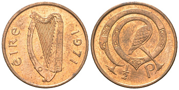 Ирландия 1/2 пенни 1971 птица KM 19 бронза UNC 4611-427