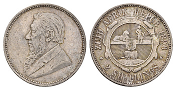 ЮАР 2 шиллинга 1896 ZAR, Трансвааль, Крюгер KM 6 серебро 1531-1424