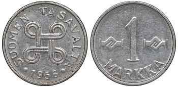 ФИНЛЯНДИЯ 1 МАРКА 1956 KM 36а железо плакированное никелем 3334-1237