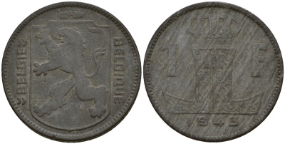 Бельгия 1 франк 1943 Belgique - Belgie, Леопольд III (1934-1947), германская оккупация, Вторая мировая война KM 127 цинк 4161-513