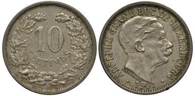 ЛЮКСЕМБУРГ 10 САНТИМОВ 1901 ВЕЛИКИЙ ГЕРЦОГ АДОЛЬФ (1890-1905) КМ 25 медно-никель 4538-725