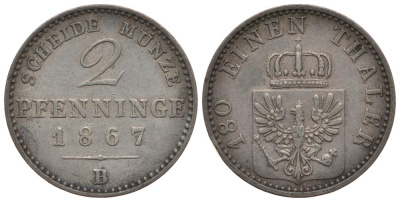 ПРУССИЯ 2 ПФЕННИГА 1867 В, ВИЛЬГЕЛЬМ I (1861-1888) KM 481 медь 186-621