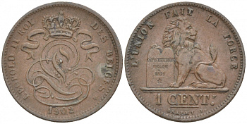 БЕЛЬГИЯ 1 САНТИМ 1902 BELGES KM 33.1 медь 4549-967